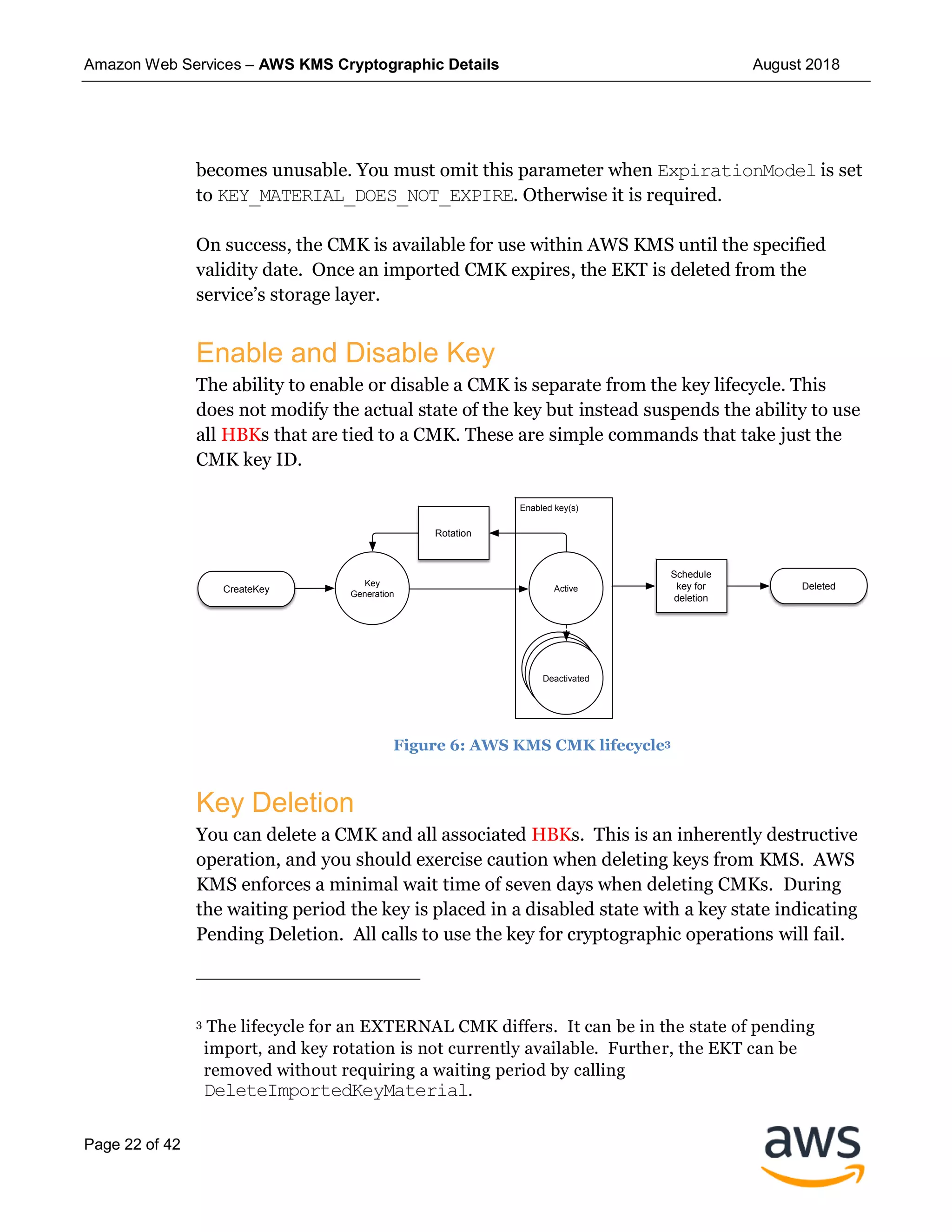 Amazon Web Services – AWS KMS Cryptographic Details August 2018
Page 22 of 42
becomes unusable. You must omit this parameter when ExpirationModel is set
to KEY_MATERIAL_DOES_NOT_EXPIRE. Otherwise it is required.
On success, the CMK is available for use within AWS KMS until the specified
validity date. Once an imported CMK expires, the EKT is deleted from the
service’s storage layer.
Enable and Disable Key
The ability to enable or disable a CMK is separate from the key lifecycle. This
does not modify the actual state of the key but instead suspends the ability to use
all HBKs that are tied to a CMK. These are simple commands that take just the
CMK key ID.
Figure 6: AWS KMS CMK lifecycle3
Key Deletion
You can delete a CMK and all associated HBKs. This is an inherently destructive
operation, and you should exercise caution when deleting keys from KMS. AWS
KMS enforces a minimal wait time of seven days when deleting CMKs. During
the waiting period the key is placed in a disabled state with a key state indicating
Pending Deletion. All calls to use the key for cryptographic operations will fail.
3 The lifecycle for an EXTERNAL CMK differs. It can be in the state of pending
import, and key rotation is not currently available. Further, the EKT can be
removed without requiring a waiting period by calling
DeleteImportedKeyMaterial.
DeactivatedDeactivated
Enabled key(s)
Deactivated
Deactivated
Key
Generation
Active
Deactivated
Deleted
Rotation
Schedule
key for
deletion
CreateKey
 