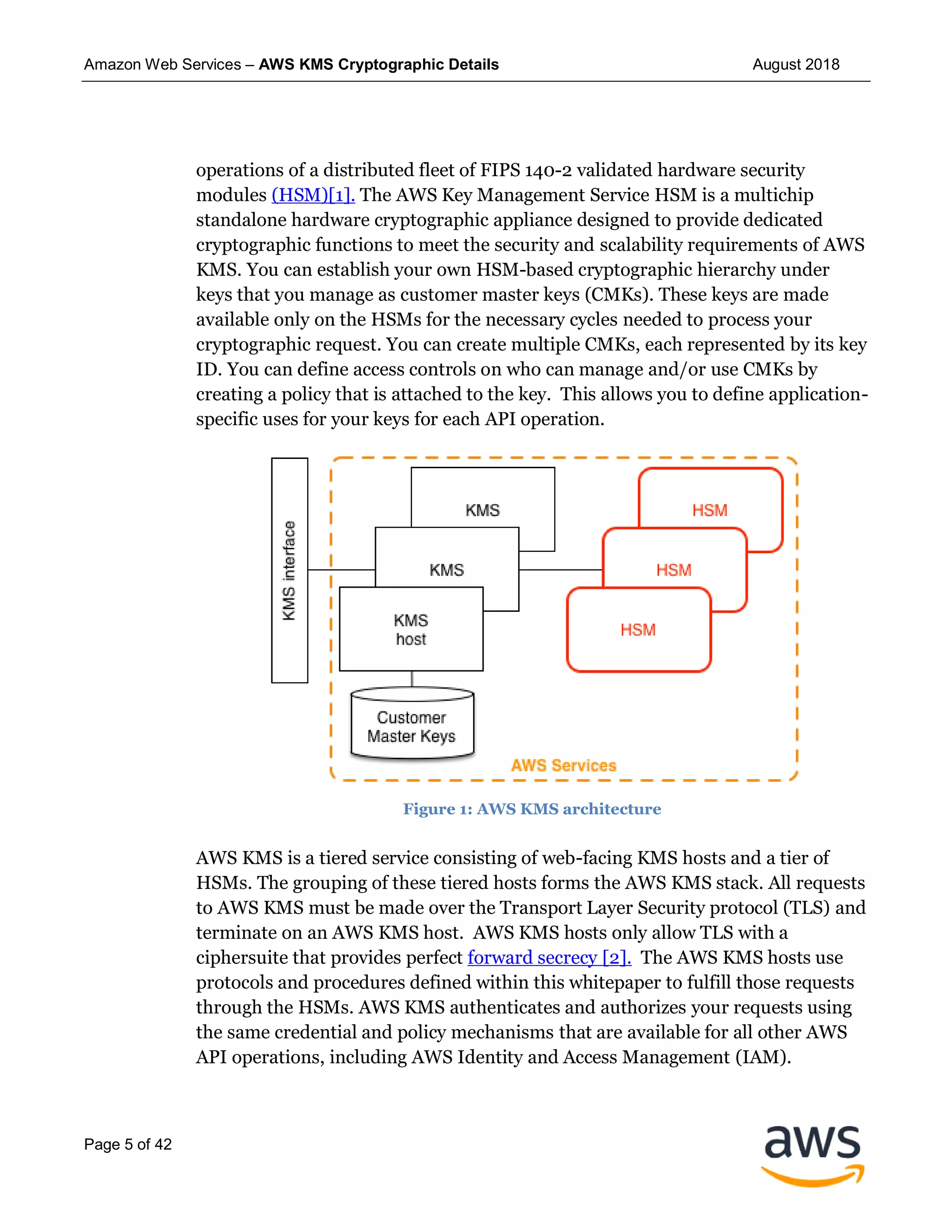 Amazon Web Services – AWS KMS Cryptographic Details August 2018
Page 5 of 42
operations of a distributed fleet of FIPS 140-2 validated hardware security
modules (HSM)[1]. The AWS Key Management Service HSM is a multichip
standalone hardware cryptographic appliance designed to provide dedicated
cryptographic functions to meet the security and scalability requirements of AWS
KMS. You can establish your own HSM-based cryptographic hierarchy under
keys that you manage as customer master keys (CMKs). These keys are made
available only on the HSMs for the necessary cycles needed to process your
cryptographic request. You can create multiple CMKs, each represented by its key
ID. You can define access controls on who can manage and/or use CMKs by
creating a policy that is attached to the key. This allows you to define application-
specific uses for your keys for each API operation.
Figure 1: AWS KMS architecture
AWS KMS is a tiered service consisting of web-facing KMS hosts and a tier of
HSMs. The grouping of these tiered hosts forms the AWS KMS stack. All requests
to AWS KMS must be made over the Transport Layer Security protocol (TLS) and
terminate on an AWS KMS host. AWS KMS hosts only allow TLS with a
ciphersuite that provides perfect forward secrecy [2]. The AWS KMS hosts use
protocols and procedures defined within this whitepaper to fulfill those requests
through the HSMs. AWS KMS authenticates and authorizes your requests using
the same credential and policy mechanisms that are available for all other AWS
API operations, including AWS Identity and Access Management (IAM).
 