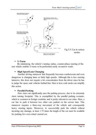 Four wheel steering system 2017
Dept. Of Mechanical Engineering, BKEC Page 11
Fig.5.5: Car in various
modes
 U-Turns
By minimizing the vehicle’s turning radius, counter-phase steering of the
rear wheels enables U-turns to be performed easily on narrow roads.
 High Speed Lane Changing
Another driving maneuver that frequently becomes cumbersome and even
dangerous is changing lanes at fairly high speeds. Although this is less steering
intensive, this does not require a lot concentration from the driver since he has
to judge the space and vehicles behind him. Here is how crab mode can simplify
this action.
 ParallelParking
Zero steer can significantly ease the parking process, due to its extremely
short turning footprint. This is exemplified by the parallel parking scenario,
which is common in foreign countries and is pretty relevant to our cities. Here, a
car has to park it between two other cars parked on the service lane. This
maneuver requires a three-way movement of the vehicle and consequently
heavy steering inputs. Moreover, to successfully park the vehicle without
incurring any damage, at least 1.75 times the length of the car must be available
for parking for a two-wheel steered car.
 