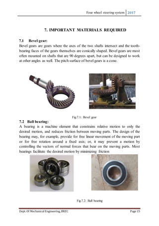 Four wheel steering system 2017
Dept. Of Mechanical Engineering, BKEC Page 15
7. IMPORTANT MATERIALS REQUIRED
7.1 Bevel gear:
Bevel gears are gears where the axes of the two shafts intersect and the tooth-
bearing faces of the gears themselves are conically shaped. Bevel gears are most
often mounted on shafts that are 90 degrees apart, but can be designed to work
at other angles as well. The pitch surface of bevel gears is a cone.
Fig.7.1: Bevel gear
7.2 Ball bearing:
A bearing is a machine element that constrains relative motion to only the
desired motion, and reduces friction between moving parts. The design of the
bearing may, for example, provide for free linear movement of the moving part
or for free rotation around a fixed axis; or, it may prevent a motion by
controlling the vectors of normal forces that bear on the moving parts. Most
bearings facilitate the desired motion by minimizing friction
Fig.7.2: Ball bearing
 