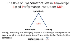 The Role of Psychometrics Test in Knowledge
Based Performance Institutions KBPI
ad@pdcuae.com
KBPI
Individuals
Team(s)Institutions
Testing, evaluating and managing KNOWLEDGE through a comprehensive
system on all levels; individuals, team(s) and institution(s). To Be Certified
contact us:
 