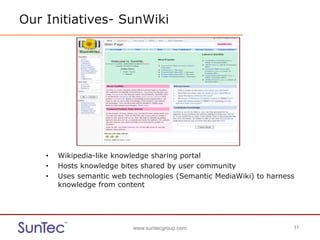 www.suntecgroup.com 11www.suntecgroup.com 11
Our Initiatives- SunWiki
• Wikipedia-like knowledge sharing portal
• Hosts knowledge bites shared by user community
• Uses semantic web technologies (Semantic MediaWiki) to harness
knowledge from content
 