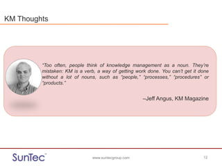www.suntecgroup.com 12www.suntecgroup.com 12
“Too often, people think of knowledge management as a noun. They’re
mistaken: KM is a verb, a way of getting work done. You can’t get it done
without a lot of nouns, such as “people,” “processes,” “procedures” or
“products.”
–Jeff Angus, KM Magazine
KM Thoughts
 
