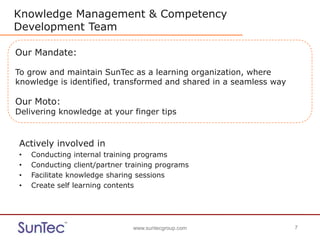 www.suntecgroup.com 7www.suntecgroup.com 7
Knowledge Management & Competency
Development Team
Actively involved in
• Conducting internal training programs
• Conducting client/partner training programs
• Facilitate knowledge sharing sessions
• Create self learning contents
Our Mandate:
To grow and maintain SunTec as a learning organization, where
knowledge is identified, transformed and shared in a seamless way
Our Moto:
Delivering knowledge at your finger tips
 