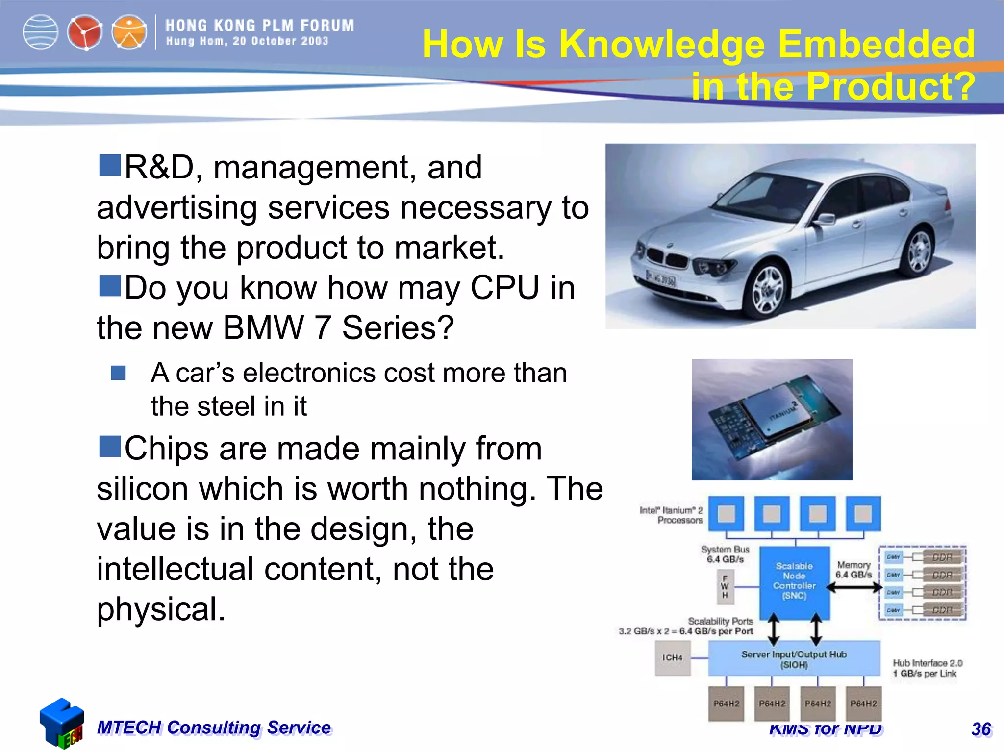 KMS for NPDMTECH Consulting Service 36
How Is Knowledge Embedded
in the Product?
R&D, management, and
advertising services necessary to
bring the product to market.
Do you know how may CPU in
the new BMW 7 Series?
 A car’s electronics cost more than
the steel in it
Chips are made mainly from
silicon which is worth nothing. The
value is in the design, the
intellectual content, not the
physical.
 