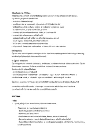 II kooliaste IV- VI klass
II kooliastme eesm?rk on arendada ?pilastel iseseisva t?? ja enesekontrolli oskusi,
kujundada j?rgmised p?devused
- alustab ja j?tkab dialoogi
- suudab ennast arusaadavalt v?ljendada, sh lhitekstide abil
- t?idab lesandeid eeskuju, n?idise ja verbaalse korralduse alusel
- osaleb hist??s ja ?pib ksi klassis ja kodus
- kasutab ?pilesannete t?itmisel ?piku ja kaaslaste abi
- kasutab ?pitud enesekontrolli v?tteid
- oskab sihip?raselt v?rrelda, kui rhmitamisalus on antud
- oskab lugeda ?ppeteksti, orienteerub tekstis
- oskab oma t??d n?uetekohaselt vormistada
- orienteerub lesandes, on iseseisev ja kontrollib oma t?? tulemust
V Hindamine
?piabil olev ?pilane peab saama j?ukohase ?pitulemuse eest positiivse hinnangu. Hinnang
antakse iga ?pilase ?pitulemusest l?htuvalt.
VI ?piabi ?ppekava
?piabi ?ppekava koosneb ldosast ja ainekavast. Ainekava m??rab ?ppesisu klassiti. ?piabi
?ppesisu on suunatud ?pilaste pshiliste protsesside arendamisele.
Korrigeerimist vajavad ?pilase
- pshika ja isiksuseomadused
- tunnetustegevuse valdkonnad ? t?helepanu ? taju ? m?lu ? m?tlemine ? k?ne ja
suhtlemine ? tunde ja tahtevald ? pshhomotoorika ? hinnangud, hoiakud
?piabi on suunatud erinevate lesannete t?itmise ?petamisele j?rgides antud juhist
? orienteerumine lesandes ? toimingu kavandamine ? toimingu sooritamine ?
enesekontroll ? hinnangu andmine oma t?? tulemustele
AINEKAVA
I klass
1. Tajude ja kujutluste arendamine, sstematiseerimine.
? N?gemise- ja ruumitaju arendamine
- Esemete ja esemepiltide ?ratundmine
- P?hiv?rvuste eristamine
- Orienteerumine ruumis (all-leval, keskel, vasakul-paremal)
- Esemete paigutus ruumis, kujundite paigutus tahvlil, paberilehel
- Kujundite eristamine detailide ja nende paigutuse j?rgi, v?rdlemine, rhmitamine,
konstrueerimine
 