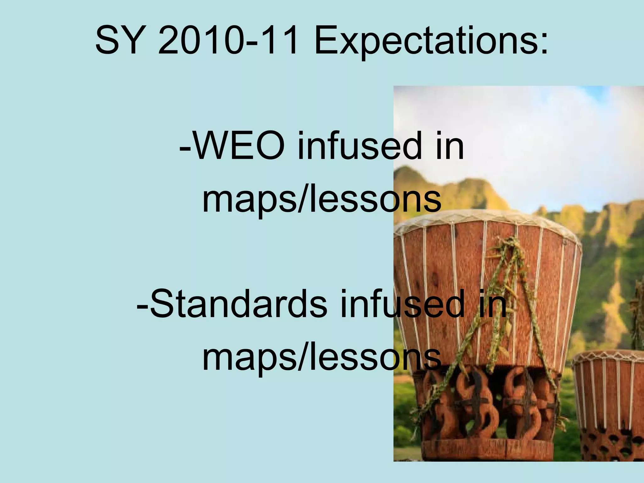 SY 2010-11 Expectations: -WEO infused in maps/lessons -Standards infused in maps/lessons 