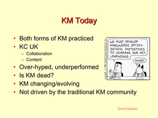 KM Today Both forms of KM practiced KC UK Collaboration Content Over-hyped, underperformed Is KM dead? KM changing/evolving Not driven by the traditional KM community 