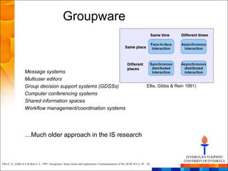 Groupware



                  Message systems
                  Multiuser editors
                  Group decision support systems (GDSSs)                                                                Ellis, Gibbs & Rein 1991)
                  Computer conferencing systems
                  Shared information spaces
                  Workflow management/coordination systems




                  …Much older approach in the IS research



Ellis C.A., Gibbs S.J. & Rein C.L. 1991. Groupware: Some issues and experiences. Communications of the ACM 34 (1), 39 – 58.
 