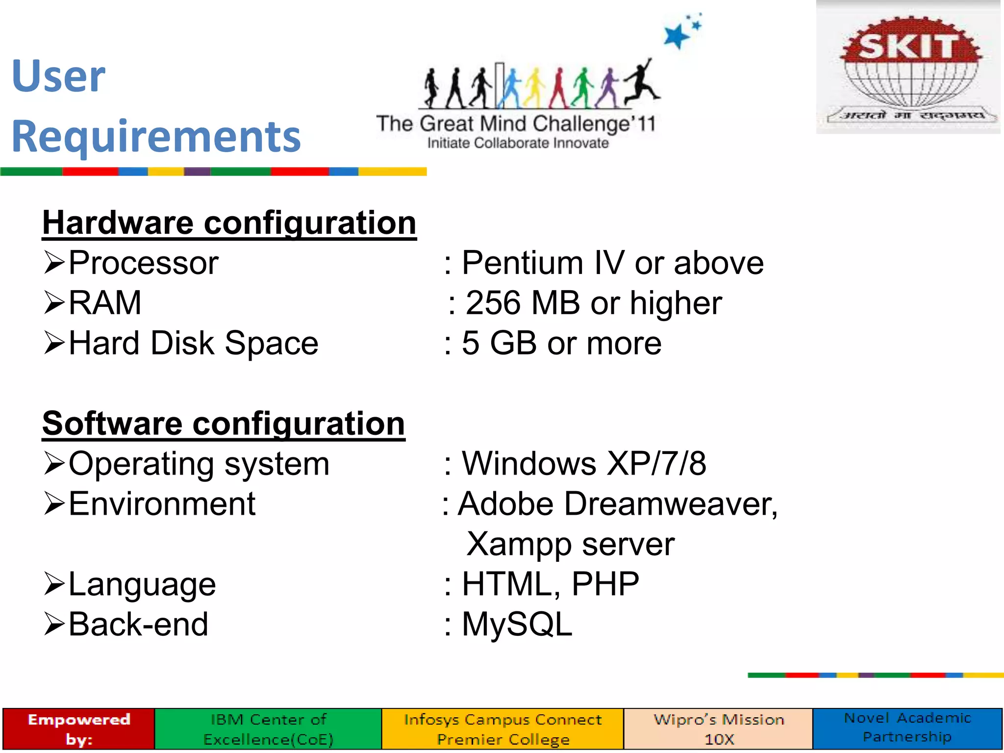 Hardware configuration
Processor : Pentium IV or above
RAM : 256 MB or higher
Hard Disk Space : 5 GB or more
Software configuration
Operating system : Windows XP/7/8
Environment : Adobe Dreamweaver,
Xampp server
Language : HTML, PHP
Back-end : MySQL
User
Requirements
 