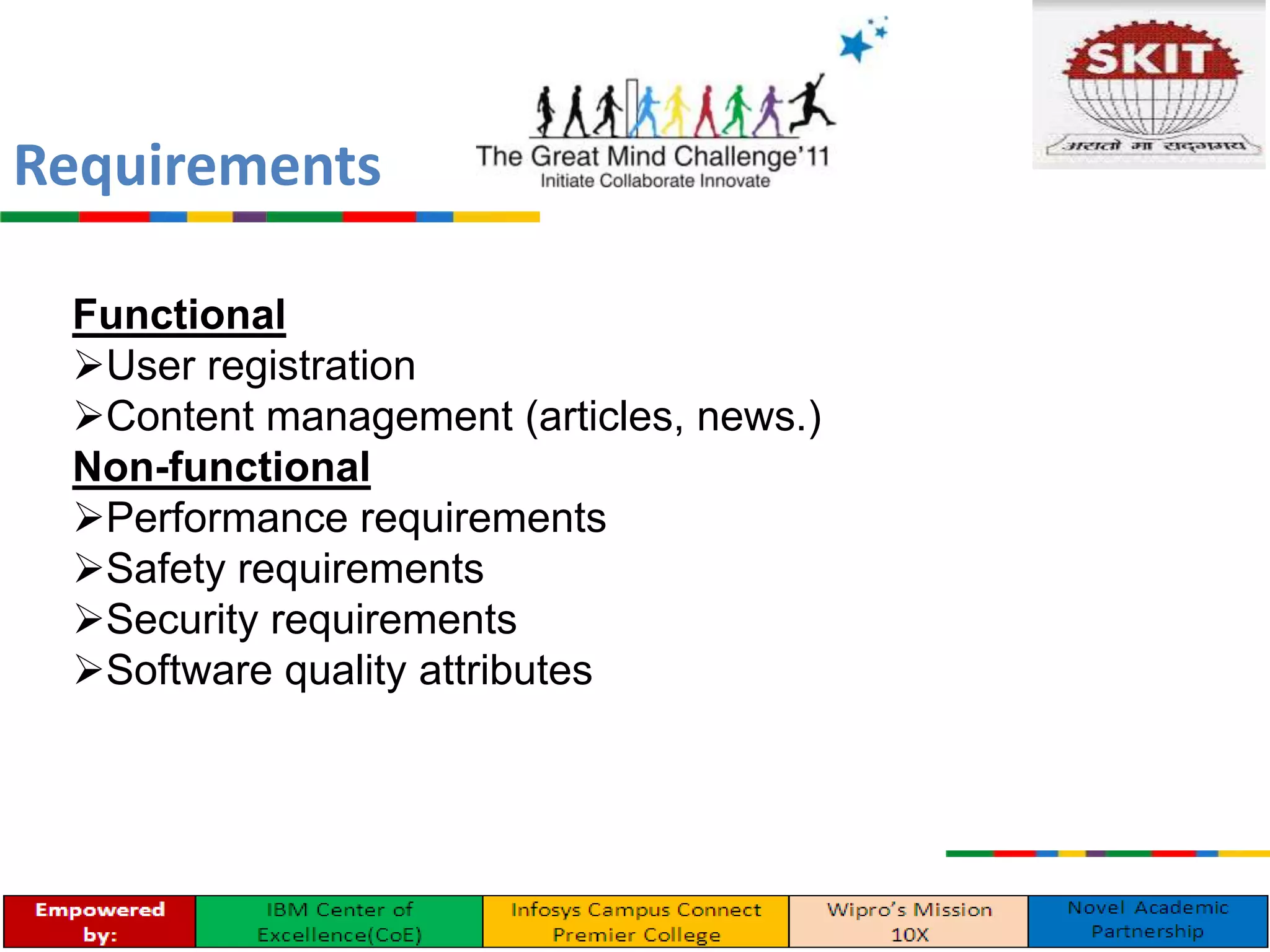 Functional
User registration
Content management (articles, news.)
Non-functional
Performance requirements
Safety requirements
Security requirements
Software quality attributes
Requirements
 
