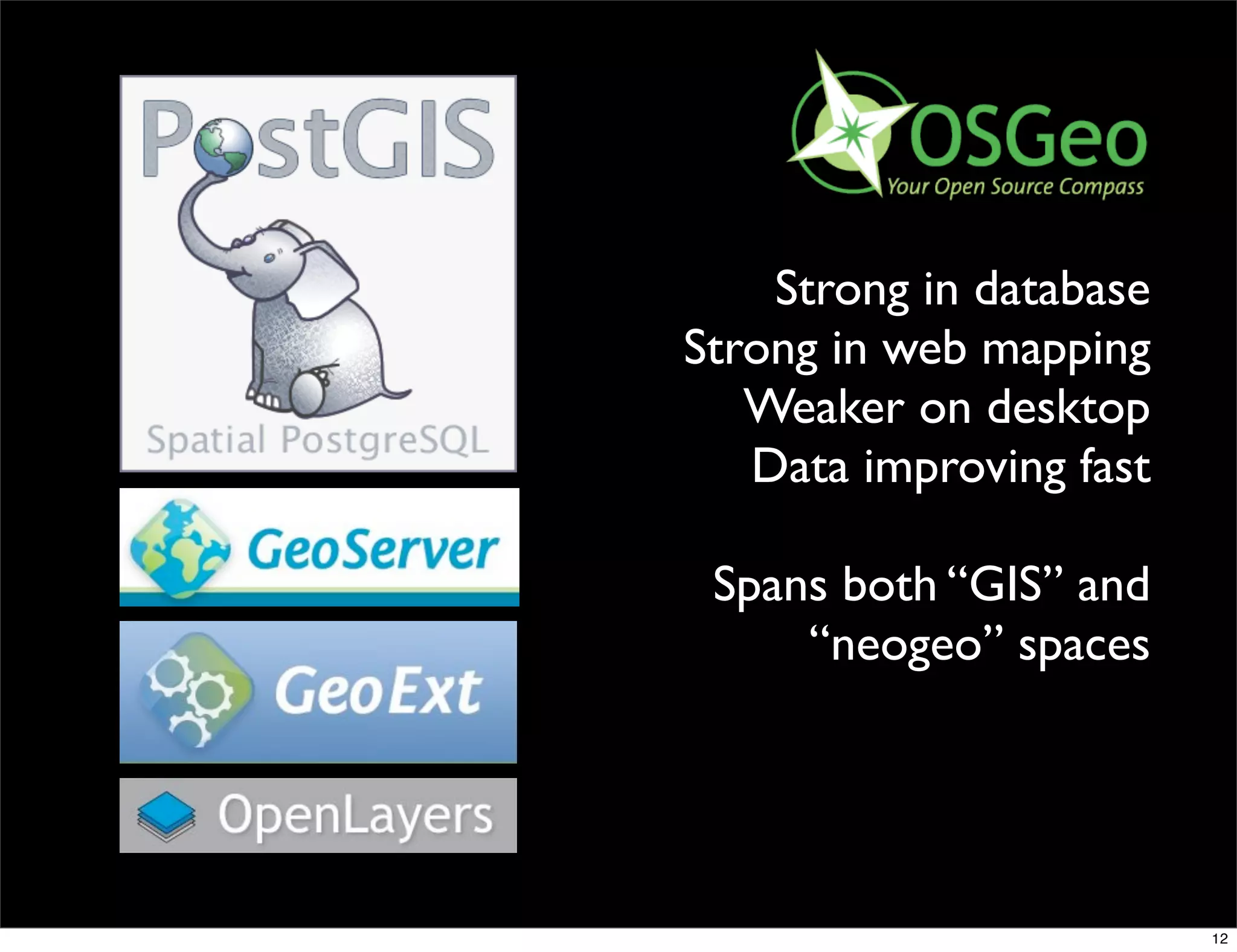 Strong in database
Strong in web mapping
   Weaker on desktop
   Data improving fast

 Spans both “GIS” and
     “neogeo” spaces




                         12
 