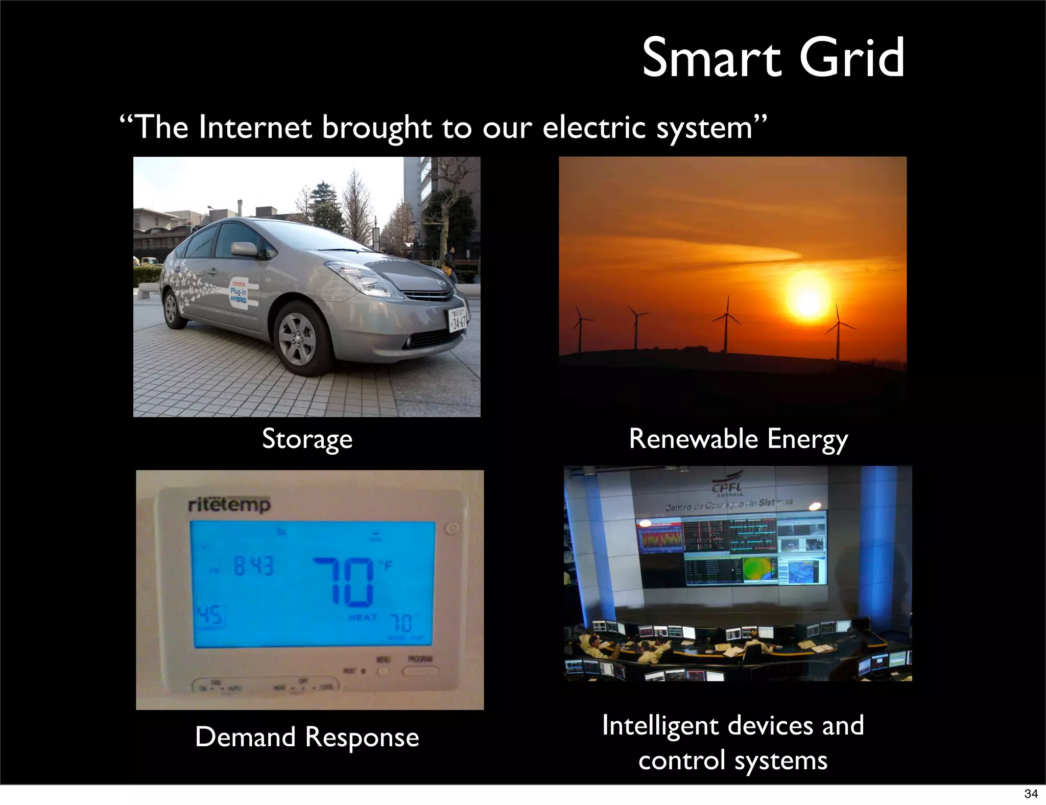 Smart Grid
“The Internet brought to our electric system”




         Storage                   Renewable Energy




     Demand Response             Intelligent devices and
                                    control systems
                                                           34
 