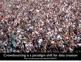 Crowdsourcing is a paradigm shift for data creation
              ﬂickr.com/photos/jamescridland/613445810/
                                                          65
 
