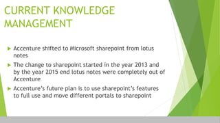 CURRENT KNOWLEDGE
MANAGEMENT
 Accenture shifted to Microsoft sharepoint from lotus
notes
 The change to sharepoint started in the year 2013 and
by the year 2015 end lotus notes were completely out of
Accenture
 Accenture’s future plan is to use sharepoint’s features
to full use and move different portals to sharepoint
 
