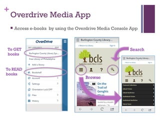 +
Overdrive Media App
 Access e-books by using the Overdrive Media Console App
v
Search
Browse
To GET
books
To READ
books
 