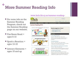 +
More Summer Reading Info
 For more info on the
Summer Reading
Program, check out
the Summer Reading
page on our website.
 Fizz Boom Read =
ages 0-12
 Spark a Reaction =
ages 12-18
 Literary Elements =
ages 18 and up
www.bcls.lib.nj.us/summer-reading-
2014
 