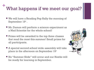 +
What happens if we meet our goal?
 We will have a Reading Pep Rally the morning of
September 19th
.
 Mr. Damon will perform a science experiment as
a Mad Scientist for the whole school!
 Prizes will be awarded to the top three classes
that read the most this summer! Small prizes for
all participants.
 A special second school wide assembly will take
place in the afternoon on September 19th
 No “Summer Slide” will occur and our Hawks will
be ready for learning in September.
 
