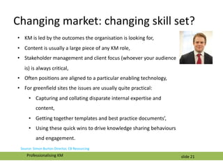 slide 21
Changing market: changing skill set?
Source: Simon Burton Director, CB Resourcing
• KM is led by the outcomes the...