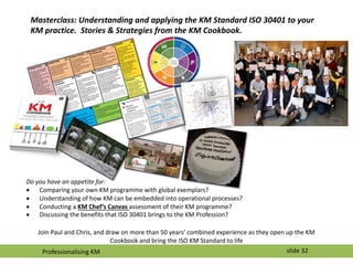 Masterclass: Understanding and applying the KM Standard ISO 30401 to your
KM practice. Stories & Strategies from the KM Co...