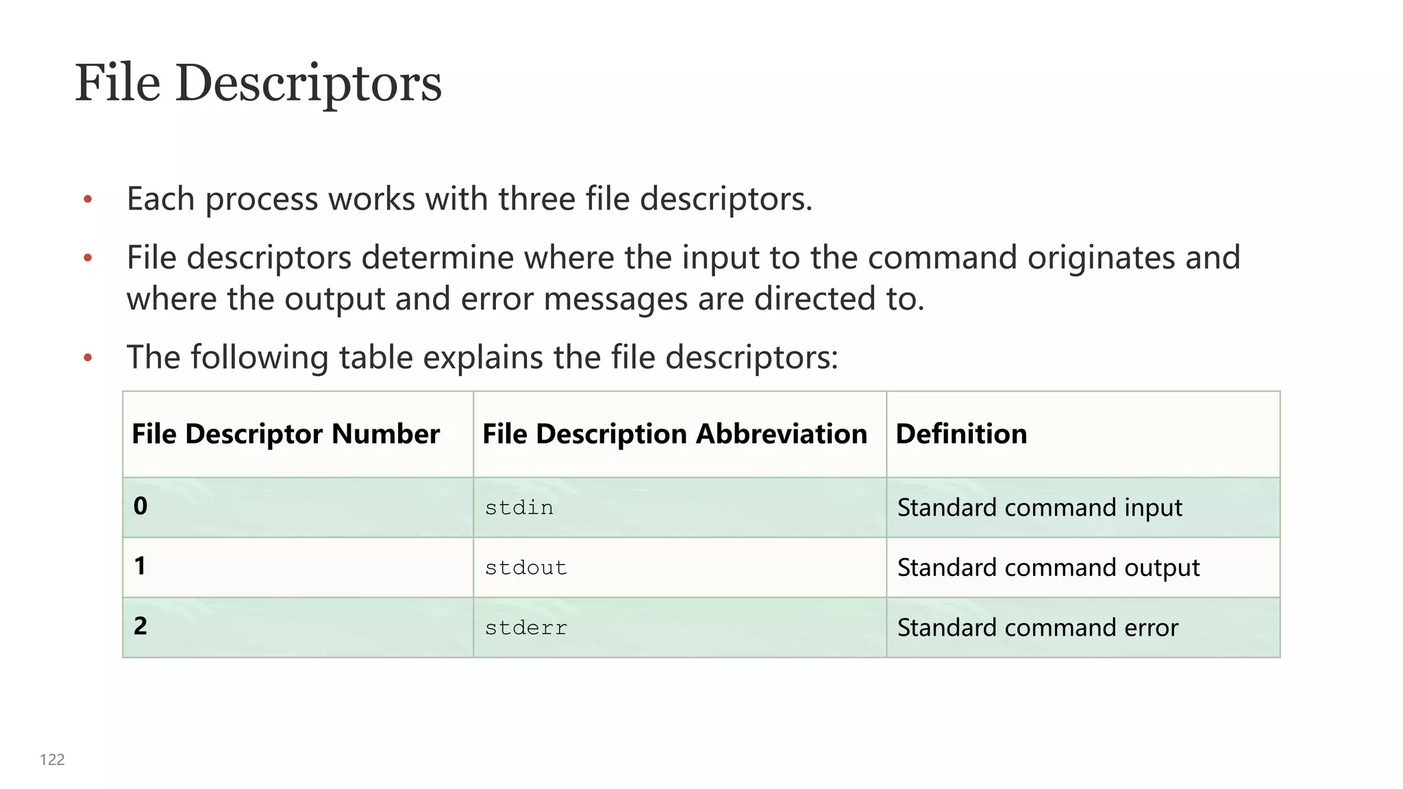 122
File Descriptors
• Each process works with three file descriptors.
• File descriptors determine where the input to the command originates and
where the output and error messages are directed to.
• The following table explains the file descriptors:
File Descriptor Number File Description Abbreviation Definition
0 stdin Standard command input
1 stdout Standard command output
2 stderr Standard command error
 