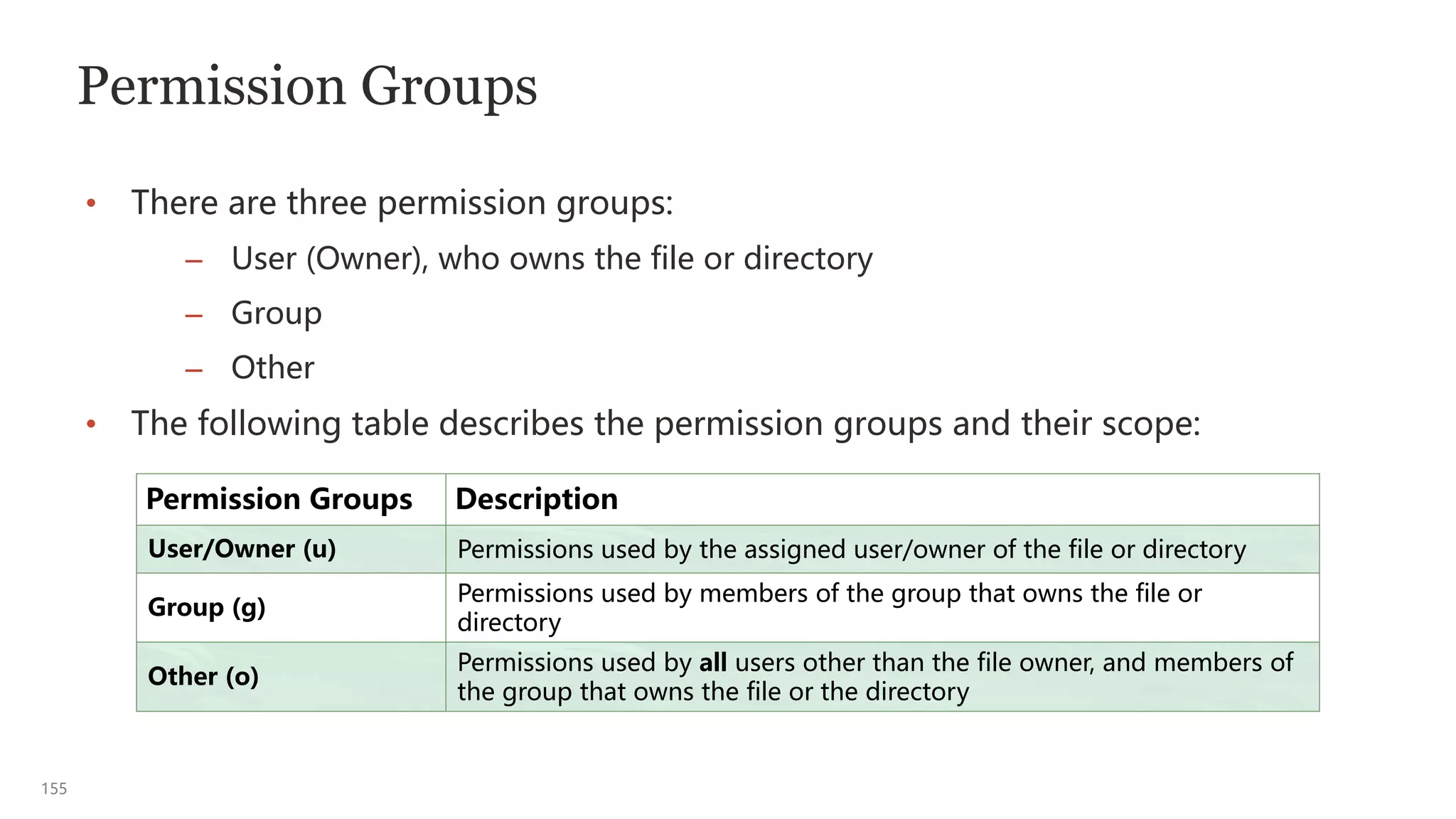 155
Permission Groups
• There are three permission groups:
– User (Owner), who owns the file or directory
– Group
– Other
• The following table describes the permission groups and their scope:
Permission Groups Description
User/Owner (u) Permissions used by the assigned user/owner of the file or directory
Group (g)
Permissions used by members of the group that owns the file or
directory
Other (o)
Permissions used by all users other than the file owner, and members of
the group that owns the file or the directory
 