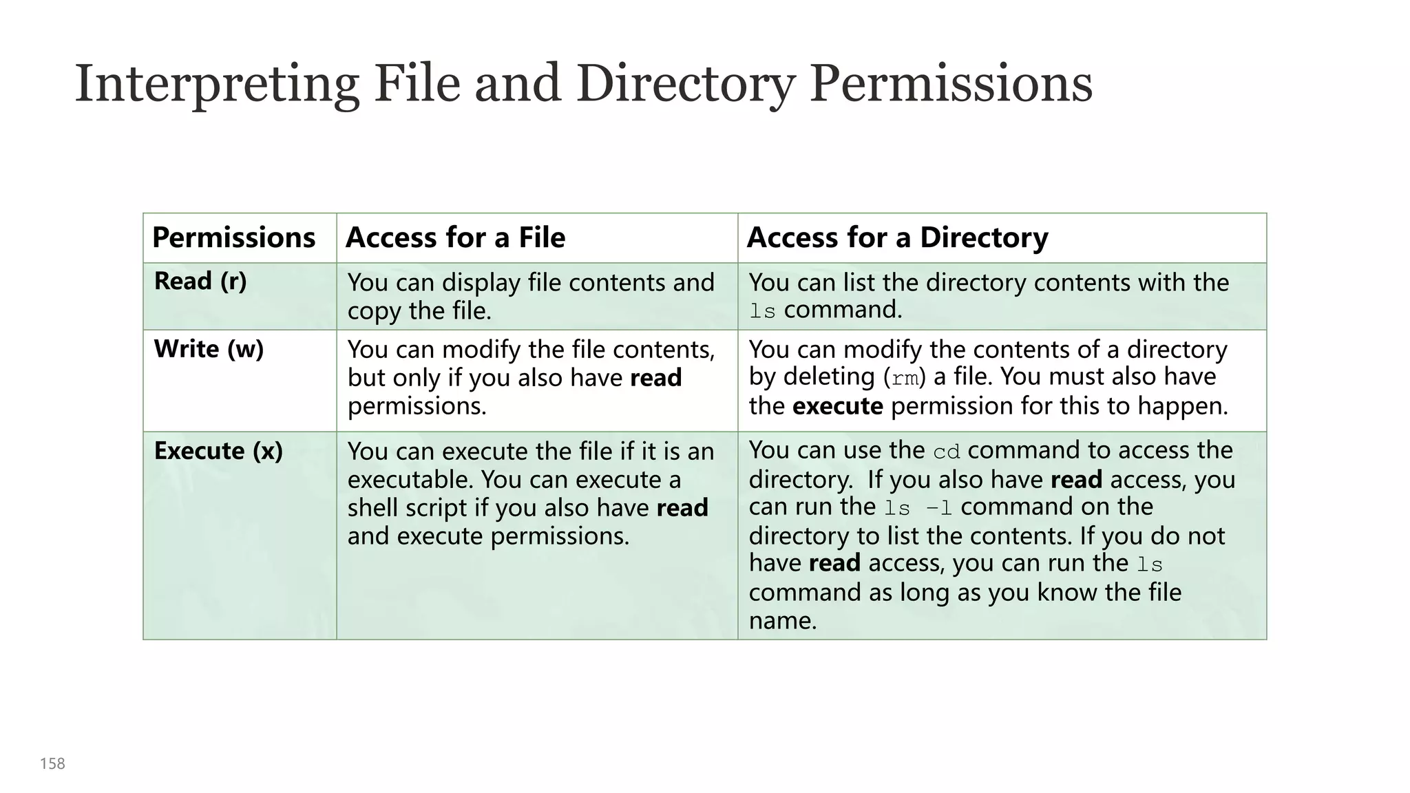 158
Interpreting File and Directory Permissions
Permissions Access for a File Access for a Directory
Read (r) You can display file contents and
copy the file.
You can list the directory contents with the
ls command.
Write (w) You can modify the file contents,
but only if you also have read
permissions.
You can modify the contents of a directory
by deleting (rm) a file. You must also have
the execute permission for this to happen.
Execute (x) You can execute the file if it is an
executable. You can execute a
shell script if you also have read
and execute permissions.
You can use the cd command to access the
directory. If you also have read access, you
can run the ls –l command on the
directory to list the contents. If you do not
have read access, you can run the ls
command as long as you know the file
name.
 