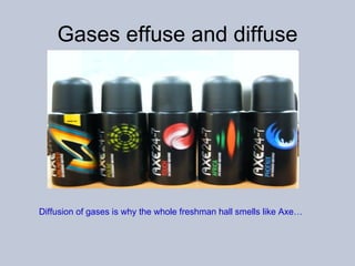 Gases effuse and diffuse Diffusion of gases is why the whole freshman hall smells like Axe… 