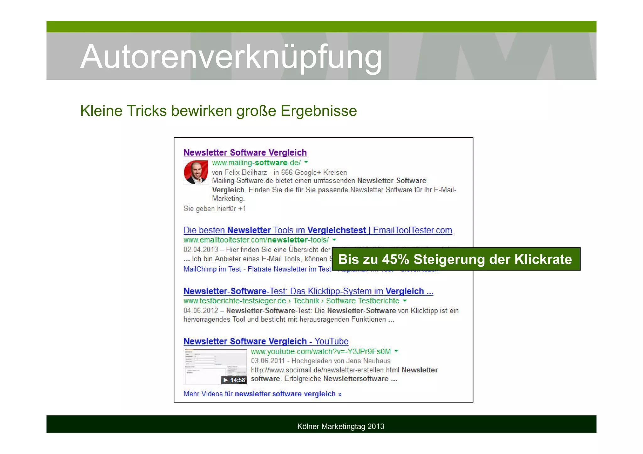 Autorenverknüpfung
Kölner Marketingtag 2013
Kleine Tricks bewirken große Ergebnisse
Bis zu 45% Steigerung der Klickrate
 
