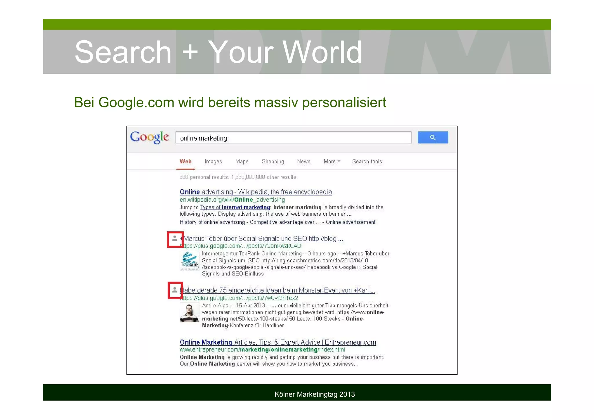 Search + Your World
Kölner Marketingtag 2013
Bei Google.com wird bereits massiv personalisiert
 