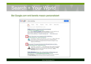 Search + Your World
Kölner Marketingtag 2013
Bei Google.com wird bereits massiv personalisiert
 
