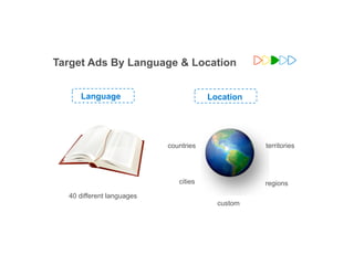 Target Ads By Language & Location


     Language                          Location




                           countries                            territories




                              cities                            regions
  40 different languages
                                         custom




                                                  Google Confidential and Proprietary    28
                                                                                        28
 