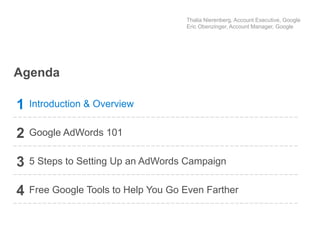 Thank you!
                                     Thalia Nierenberg, Account Executive, Google
                                     Eric Obenzinger, Account Manager, Google




Agenda

1   Introduction & Overview


2   Google AdWords 101


3   5 Steps to Setting Up an AdWords Campaign


4   Free Google Tools to Help You Go Even Farther
 