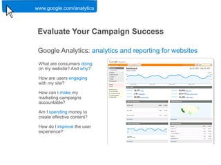www.google.com/analytics

         Google Confidential and Proprietary   47



 Evaluate Your Campaign Success

 Google Analytics: analytics and reporting for websites
 What are consumers doing
 on my website? And why?

 How are users engaging
 with my site?

 How can I make my
 marketing campaigns
 accountable?

 Am I spending money to
 create effective content?

 How do I improve the user
 experience?



                                                    www.google.com/analytics

                                                            Google Confidential and Proprietary   47
 