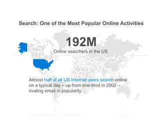 Search: One of the Most Popular Online Activities


                                 192M
                Online searchers in the US




   Almost half of all US Internet users search online
   on a typical day – up from one-third in 2002 –
   rivaling email in popularity.

              1. comScore qsearch, June 2008, (divided over 30 days for daily value)
              2. PEW Internet & Search Engine Life, Search Engine Use Study, August 2008.

                                                                                            Google Confidential and Proprietary   6
 