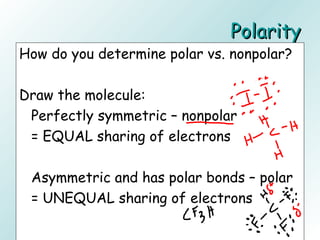 PolarityPolarity
How do you determine polar vs. nonpolar?
Draw the molecule:
Perfectly symmetric – nonpolar
= EQUAL sharing of electrons
Asymmetric and has polar bonds – polar
= UNEQUAL sharing of electrons
 