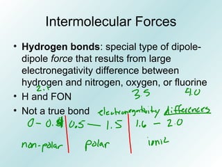 Intermolecular Forces
• Hydrogen bonds: special type of dipole-
dipole force that results from large
electronegativity difference between
hydrogen and nitrogen, oxygen, or fluorine
• H and FON
• Not a true bond
 