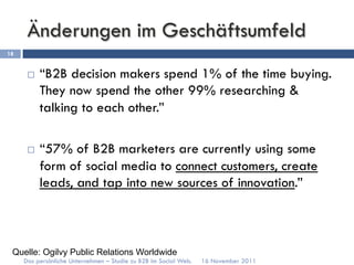 Änderungen im Geschäftsumfeld
18


      ¨    “B2B decision makers spend 1% of the time buying.
            They now spend the other 99% researching &
            talking to each other.”

      ¨    “57% of B2B marketers are currently using some
            form of social media to connect customers, create
            leads, and tap into new sources of innovation.”



 Quelle: Ogilvy Public Relations Worldwide
     Das persönliche Unternehmen – Studie zu B2B im Social Web.   16 November 2011
 