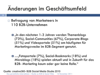 Änderungen im Geschäftsumfeld
19


      ¨    Befragung von Marketeers in
            110 B2B-Unternehmen

            ¤  „In
                  den nächsten 1-3 Jahren werden Themenblogs
               (73%), Social-Communities (67%), Corporate-Blogs
               (51%) und Videoportale (51%) am häufigsten für
               Marketingzwecke im B2B-Segment genutzt.

            ¤  …,Fotoportale(7%), Social-Bookmarks (18%) und
               Microblogs (18%) spielen aktuell und in Zukunft für das
               B2B- Marketing kaum oder gar keine Rolle.“

 Quelle: creative360- B2B Social Media Studie 2010
     Das persönliche Unternehmen – Studie zu B2B im Social Web.   16 November 2011
 
