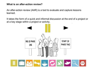 What is an after-action review? An after-action review (AAR) is a tool to evaluate and capture lessons learned.  It takes the form of a quick and informal discussion at the end of a project or at a key stage within a project or activity. 