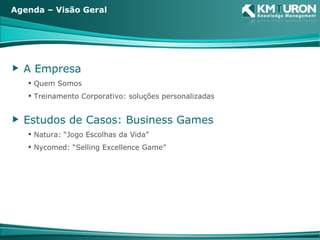 Agenda – Visão Geral A Empresa  Quem Somos Treinamento Corporativo: soluções personalizadas Estudos de Casos: Business Games Natura: “Jogo Escolhas da Vida” Nycomed: “Selling Excellence Game” 