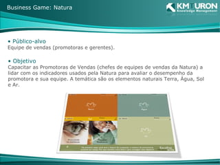 Público-alvo Equipe de vendas (promotoras e gerentes). Objetivo Capacitar as Promotoras de Vendas (chefes de equipes de vendas da Natura) a lidar com os indicadores usados pela Natura para avaliar o desempenho da promotora e sua equipe. A temática são os elementos naturais Terra, Água, Sol e Ar. Business Game: Natura 