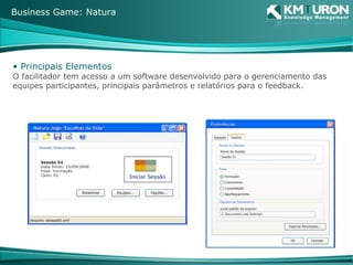 Principais Elementos O facilitador tem acesso a um software desenvolvido para o gerenciamento das equipes participantes, principais parâmetros e relatórios para o feedback. Business Game: Natura 