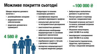Швидка медична допомога
включно з
• реанімаційними заходами
• медикаментозним
забезпеченням
• медичною допомогою в
травмпункті 
Невідкладна та планова
стаціонарна допомога:
• кваліфікована медична
допомога відповідного профілю
• консультації, діагностичні 
та інструментальні дослідження
• анестезіологічна допомога
• забезпечення необхідними
медпрепаратами та засобами
медичного призначення
• фізіотерапевтичні процедури
• перебування одного з батьків 
з дитиною в стаціонарі
• експертиза непрацездатності 
та надання медичних довідок 
• Амбулаторно-поліклінічна
допомога та діагностика
• Послуги денного стаціонару
включно з медикаментами
• Плановий патронаж вагітності
та пологи, плановий патронаж
дитини до 1 року
• Лікування новоутворень 
(ліміт 50 000 ₴ на особу)
• Інвалідизуючі захворювання 
(ліміт 96 000 ₴ на особу)
• Стоматологія (терапевтична,
хірургічна, протезування у
зв’язку з нещасним випадком) 
 
Можливе покриття сьогодні ~100 000 ₴
4 580 ₴
 