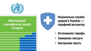 • Встановлює тарифи
• Замовлює послуги
• Контролює якість
Міжнародний 
класифікатор хвороб 
10 версія
Національна служба
здоров’я України —
тарифний регулятор
 