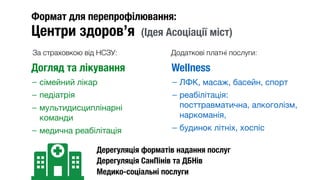 Центри здоров’я (Ідея Асоціації міст)
Догляд та лікування
— сімейний лікар

— педіатрія

— мультидисциплінарні
команди

— медична реабілітація 
Wellness
— ЛФК, масаж, басейн, спорт

— реабілітація:
посттравматична, алкоголізм,
наркоманія,

— будинок літніх, хоспіс
Дерегуляція форматів надання послуг 
Дерегуляція СанПінів та ДБНів 
Медико-соціальні послуги
За страховкою від НСЗУ: Додаткові платні послуги:
Формат для перепрофілювання:
 