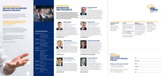 Wir schauen zeitversetzt Fernsehen und nutzen eine App für die
Wetterprognose. Als Anwender lässt man sich gerne darauf ein.
Vielen Unternehmern und Gewerbe­treibenden fällt es aber schwer,
ihr KMU dem digitalen Wandel anzupassen.
TAGUNGSPROGRAMM
10.00 Uhr	 Besammlung
im ­Messerestaurant
Piazza – Empfang mit
­Unternehmer-Znüni
10.45 Uhr	 Begrüssung /
	Grussbotschaft
11.00 Uhr	Referat Olivier Kofler
und Holger Greif
(PwC Digital Services)
11.45 Uhr	 Pause
12.00 Uhr	 Podiumsdiskussion
	 Olivier Kofler
	 Holger Greif
	 Daniel Kneuss
	 Bernhard Isenschmid
	 Dr. Ivan Vulicevic
	 Frederik Thomas
	 Diskussionsleiter Reto Brennwald
12.55 Uhr	 Dank und
	Verabschiedung
13.00 Uhr	 Steh-Lunch und ­
	Networking
14.00 Uhr	Möglichkeit zum
individuellen Besuch
der AMA
KMU FORUM
WIRTSCHAFTSREGION
AARGAU
Freitag, 31. März 2017, 10.00 Uhr
Ich melde mich für das KMU Forum
Wirtschaftsregion Aargau 2017 an.
Bitte bis spätestens 17. März 2017 zurücksenden.
Online	www.kmuforum-aargau.ch
E-Mail	christine.fallet@wigra.com
Firma
Name, Vorname
Adresse
PLZ, Wohnort
Telefon
E-Mail
«Die Digitalisierung beschäftigt viele KMU.
Am KMU Forum erhalten Sie Antworten
auf brennende Fragen.»
Suzanne Galliker, Messeleiterin AMA
Das KMU Forum Wirtschaftsregion Aargau 2017 stellt die
Digitalisierung von KMU in den Mittelpunkt. Der Anlass soll Antworten
liefern auf Fragen wie: Was bedeutet der digitale Wandel für KMU?
Wie stark soll sich ein KMU darauf ein­lassen? Wie gelingt der
Einstieg?
Nutzen Sie den Anlass um Inputs für das eigene Unter­nehmen
zu sammeln. Gleichzeitig können Sie sich mit ­anderen
­Unternehmern austauschen, Geschäftsbeziehungen pflegen
und neue Kontakte knüpfen.
	
Wir freuen uns auf Ihre Teilnahme.
WIE VIEL DIGITALISIERUNG
BRAUCHT EIN KMU?
ANMELDUNG
TAGUNGSTERMIN
UND ORT
Freitag, 31. März 2017,
10.00 bis ca. 14.00 Uhr
AMA im Schachen Aarau,
­Messerestaurant
«Piazza», Halle 2
ANREISE
UND PARKPLÄTZE
AMA Parkplätze stehen für die
Teilnehmer des KMU Forums
gratis zur Verfügung. Folgen Sie
den Wegweisern «Schachen».
Anreise mit den öffentlichen
Verkehrsmitteln via Bahnhof
Aarau und mit dem Bus
direkt zur AMA 2017.
KOSTEN
Preise inkl. Unternehmer-Znüni,
­Steh-Lunch, Veranstaltungs­
dokumentation, kostenloser
Parkplatz und Messeeintritt an
die AMA.
Fr. 65.– für Mitglieder des GVA
Fr. 75.– im Vorverkauf
Fr. 90.– an der Tageskasse
Alle Preise pro Person und exkl. 8 % MwSt.
Die Platzzahl ist beschränkt. Die Anmeldungen
werden nach Eingang berücksichtigt.
ANMELDUNG
Online auf der Webseite
www.kmuforum-aargau.ch
oder per E-Mail
christine.fallet@wigra.com
Oder mit beiliegendem
Anmeldetalon.
Reto Brennwald
Moderation
Reto Brennwald ist Fernseh-Journalist,
­Filmemacher und Medientrainer. Von 2008
bis 2011 präsentierte er die Politsendung
«Arena» von Fernsehen SRF. Davor war er
sieben Jahre Moderator der «Rundschau».
2015 gründete er die TalkFilm GmbH für Kommunikation,
­Moderation und Filmproduktion. Einmal monatlich moderiert er
die Diskussions-Sendung «Basler-Zeitung Standpunkte» auf SRF 1.
Bernhard Isenschmid
Technologie- und Innovations­
experte bei Hightech Zentrum Aargau
Bernhard Isenschmid absolvierte eine
Lehre als Maschinenmechaniker, studierte
Maschinenbau und hat in dieser Funktion
diverse Projekte in ganz Europa und
auch in Amerika realisiert – ein Abschluss in Betriebswirtschaft
folgte. Bernhard Isenschmid berät Aargauer KMU bei
Innovations­fragen, auch im Bereich Digitalisierung, und
organisiert diverse Veranstaltungen zum aktuellen Thema.
www.hightechzentrum.ch/gewerbe
Daniel Kneuss
Vize-Verwaltungsratspräsident 
und CEO bei Ernst Kneuss Geflügel AG,
Güggeli-Spezialist
Die Ernst Kneuss Geflügel AG ist ein
­inhabergeführter Familienbetrieb, der in
3. Generation von den Brüdern Daniel
und Thomas Kneuss geleitet wird. Der Betrieb in Mägenwil
beschäftigt rund 150 Mitarbeitende und steht für höchste
Schweizer Qualität mit hohen ethischen Ansprüchen an das
Tierwohl.
www.kneuss.com
Olivier Kofler
Co-Leader PwC’s
Experience Center Switzerland
PwC Digital Services
Nach der Lehre als Mediamatiker
folgten Ausbildungen zum Wirtschafts­
informatiker und ein EMBA New
­Business Development/­Digital Transformation. Gründer von
mehreren Digital Startups, unter anderem der iBROWS AG.
Diese Web Agentur ist auf innovative und komplexe Web- und
Mobile-Applikationen spezialisiert und gewann unter ­anderem
mehrere Best of Swiss Web Awards.
www.digital.pwc.ch
Holger Greif
Partner, Digital Transformation
Leader PwC Digital Services
bei PwC Switzerland
Holger Greif verfügt über mehr als
19 Jahre Beratungserfahrung in den
­Bereichen Finanzdienstleistungen,
­Business  Digital Transformation, Sourcing, Informations­
sicherheit und nachhaltige Leistungsfähigkeit von Organi­
sationen. Unter anderem leitete er mehrere Projekte im
Bereich Digital Transformation für global tätige Finanzdienst-
leiter, Banken und Versicherungen.
www.digital.pwc.ch
Dr. Ivan Vulicevic
Senior Management Consultant
Swisscom (Schweiz AG)
Sehr erfahrener Berater für Digitali­
sierung mit über 17 Jahren Beratungs­
erfahrung im Bereich digitales Kunden­-
management, Marketing und Sales sowohl in nationalem
als auch in internationalem Umfeld. Grosses Know-how in der
Planung und Ausgestaltung von Digitalisierungsstrategien
und der digitalen Transformation von Geschäftsmodellen.
www.swisscom.ch
Frederik Thomas
Senior Management
Consultant (Digital)
Swisscom (Schweiz AG)
Bereichsübergreifender Gestalter und
Dozent mit mehr als 12 Jahren Erfahrung
in Leitungsfunktionen im Bereich
­Digital-Transformation, Omni-Channel  Leadership. Experte
mit besonderen Stärken im Erkennen, Verbinden und
­Umsetzen von zielorientierten Neuausrichtungen im Bereich
Digital Transformation.
www.swisscom.ch
REFERENTEN
UND TALKGÄSTE
Die zunehmende Digitalisierung spielt bei ­Schweizer
KMU noch immer kaum oder überhaupt keine Rolle.
Doch wie viel Digitalisierung braucht ein KMU überhaupt?
Antworten auf diese und ­andere Fragen liefern das
Referat von Oliver Kofler und Holger Greif (PwC Digital
Services) und die Podiumsdiskussion.
 