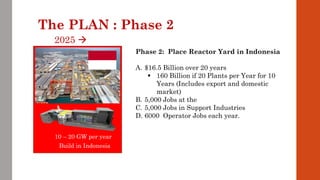 Phase 2: Place Reactor Yard in Indonesia
A. $16.5 Billion over 20 years
 160 Billion if 20 Plants per Year for 10
Years (Includes export and domestic
market)
B. 5,000 Jobs at the
C. 5,000 Jobs in Support Industries
D. 6000 Operator Jobs each year.
2025 
10 – 20 GW per year
Build in Indonesia
The PLAN : Phase 2
 