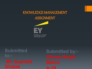 KNOWLEDGE MANAGEMENT
ASSIGNMENT
Submitted
to:-
Mr. Supratik
Ghatak
Submitted by:-
Vikram Singh
Mehra
 