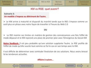 Définitions
Contexte

Analyse
FFOM

Les acteurs

REX et ROI

Bonnes
pratiques

Avenir

Conclusion
Sources

KM vs RSE: quel avenir?
Scénario 3:
Un modèle s’impose au détriment de l’autre.
 Le KM arrive à maturité et disparaît du marché tandis que le RSE s’impose comme un
outil plus en phase avec notre façon de travailler à l’heure du Web 2.0
OU
 Le RSE montre ses limites en matière de gestion des connaissances une fois l’effet de
mode dépassé et le KM reprend une place de premier plan avec l’émergence du Social-KM
Notre feedback: Il est peu probable qu’une solution supplante l’autre. Le RSE profite de
l’effet de mode qu’elle suscite tout comme ce fut le cas en son temps avec le KM.
Il est difficile de déterminer avec certitude l’évolution de ces solutions. Nous avons brossé
là les tendances actuelles.
Affaire à suivre…
Fermer le dossier
Fermer le dossier

Pour qui ? Pour quoi ? p1
Quel avenir ?

Sommaire
Sommaire

28

 